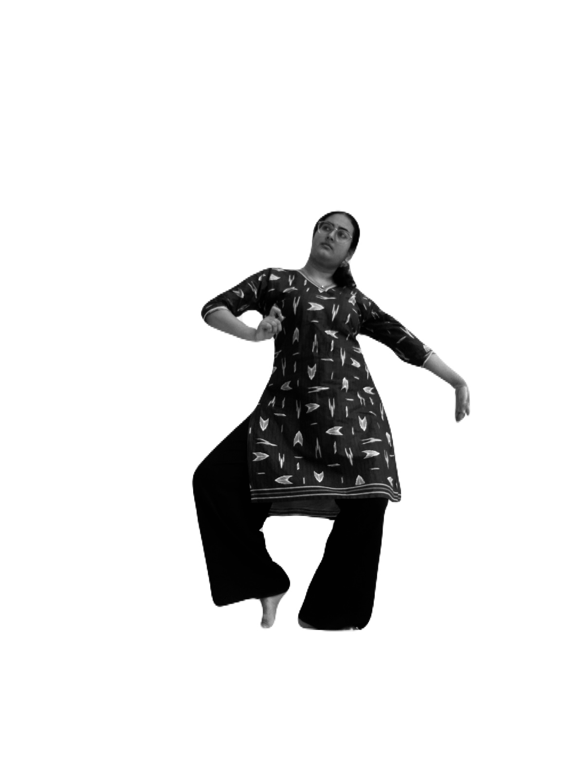 Figure 2: Vector field formation in Bharatanatyam posture. Multiple vectors operate simultaneously, creating a coherent spatial force system. The extended arm projects energy outward, the lifted leg extends spatial reach, and the torso tilt redistributes force diagonally, forming a vector field centered on the dancer's core.