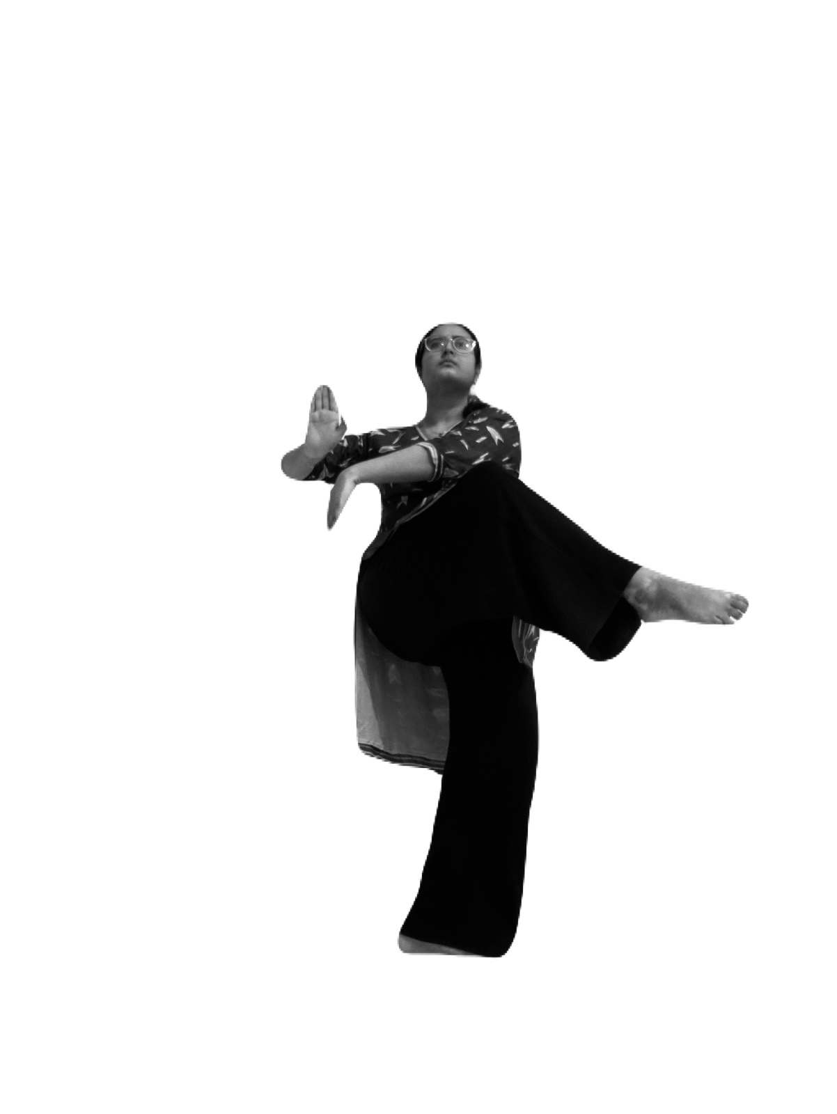 Figure 3: Helicoidal geometry in Bharatanatyam posture. The torso rotates relative to the pelvis, with one arm projecting forward while the other opens backward. The shoulders rotate around a vertically stabilized spinal axis, generating a twisted spatial surface.