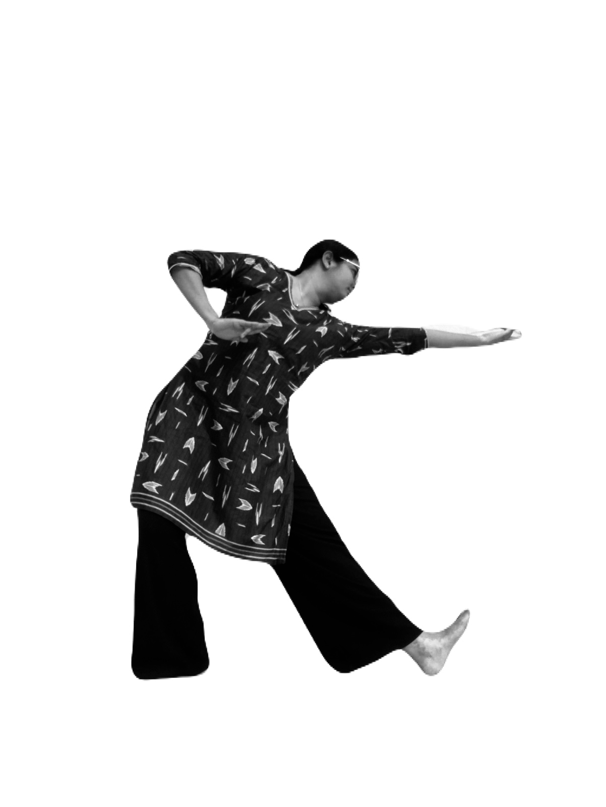 Figure 4: Composite three-dimensional geometry in Bharatanatyam posture. This configuration simultaneously manifests helicoidal surfaces (torsional rotation), toroidal volumes (enclosed arm-torso energy field), and paraboloidal curvature (directional lift and projection), demonstrating the sophisticated spatial logic underlying Bharatanatyam technique.